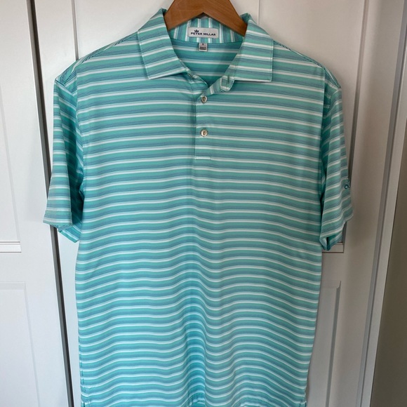 Peter Millar Green Stripped Logo Golf Shirt - Picture 1 of 4